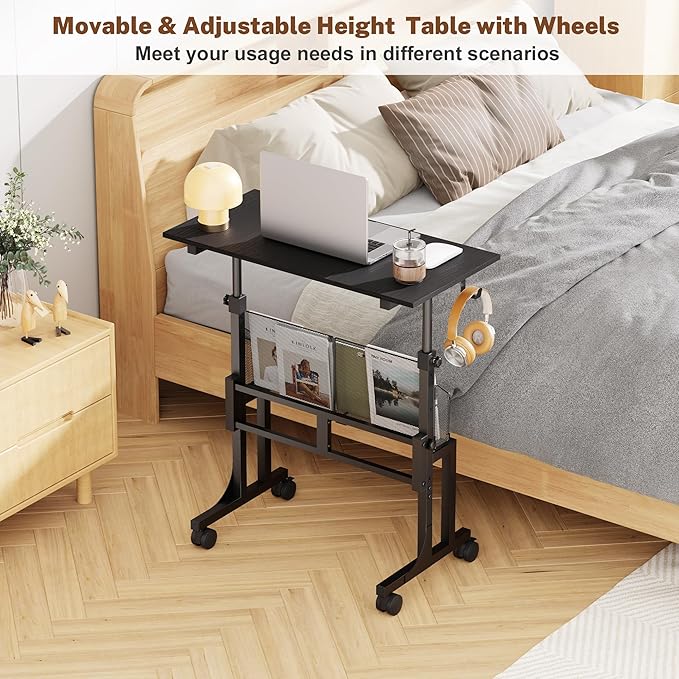 Height Adjustable Standing Desk With Storage, Small Stand Up Desk With wheels, Portable Rolling Desk for Home Office, Mobile Sit Stand Desk for Small Spaces, For Walking Pad Treadmill, Black