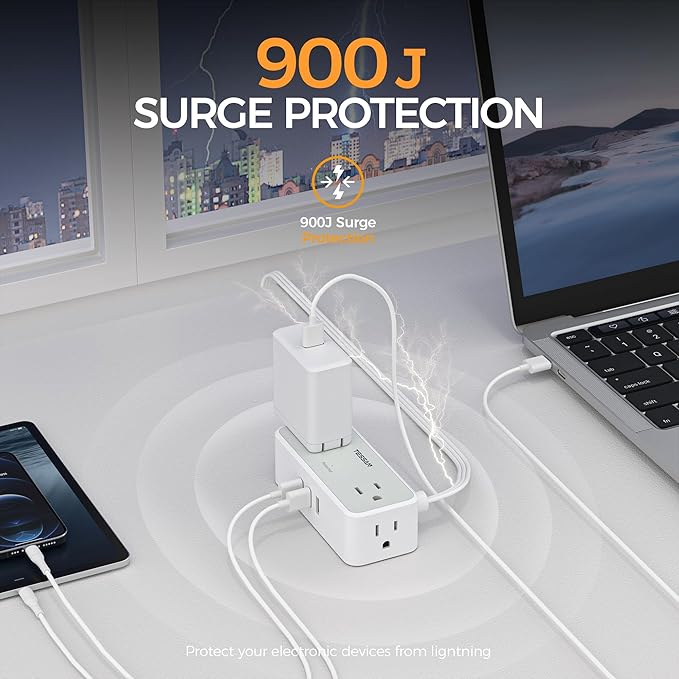 Flat Plug Extension Cord 25 ft, TESSAN Surge Protector Power Strip with 4 AC Outlets 3 USB A Ports, 900 Joules Protection, Multiple Wall Outlet Extender for Home Office Dorm Essentials