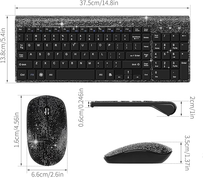 Dazzling Luxury Keyboard and Mouse Wireless, Sparkly Bling Rhinestone Wireless Mouse and Keyboard Gift Set (Black)