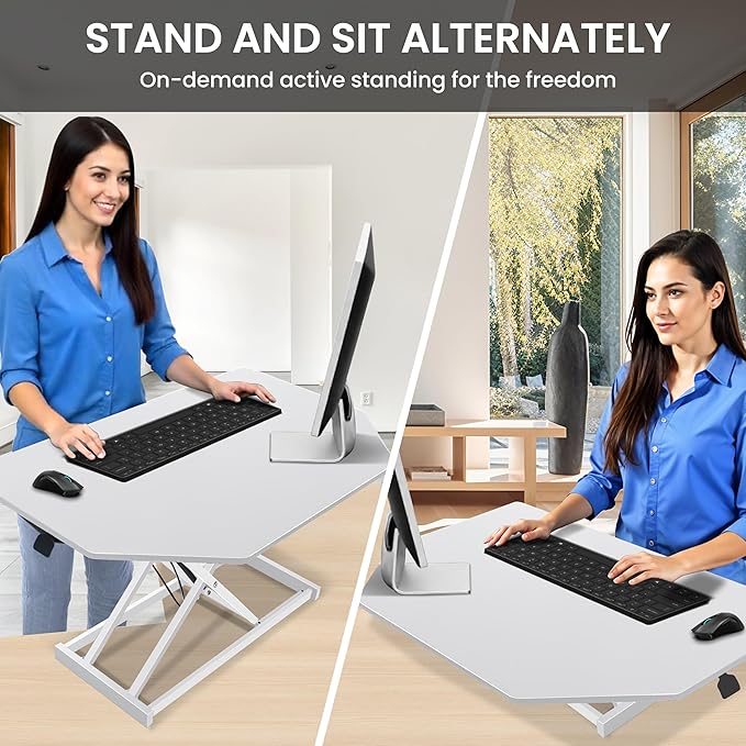 Aconcept 32 inch White Corner Height Adjustable Standing Desk Converter, One-Click Sit to Stand up Desk Riser, Pre-Assembled Dual Monitor and Laptop Workstation