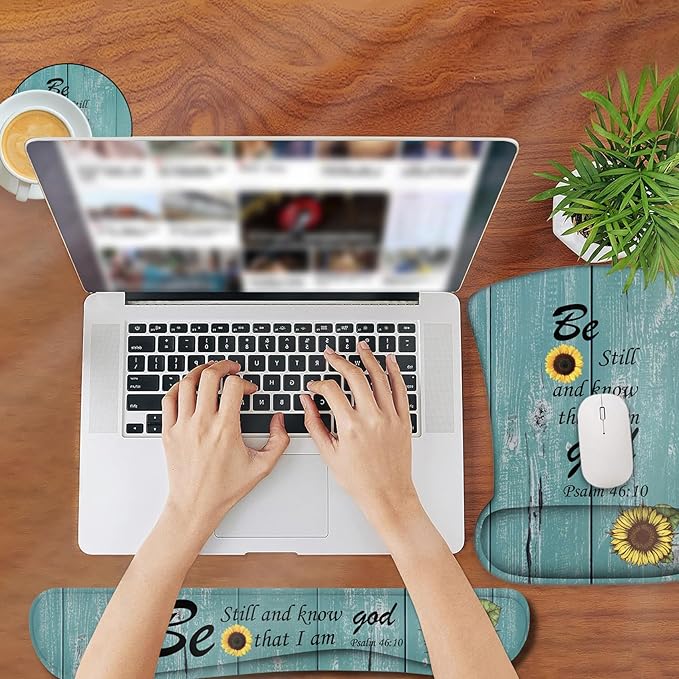 Ergonomic Mouse Pad, Mouse Wrist Rest Pad + Keyboard Wrist Rest Pad + Coaster, Made of Memory Foam, Easy to Use and Relieve Wrist Pain, Computer, Games, Office, Home - Sunflower Psalm 46:10