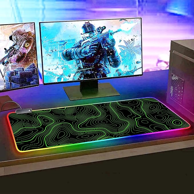 RGB Mouse Pad LED Desk Mat Large Gaming Mousepad Black and Green Line Design, Keyboard Pad XL Mouse Mat for Home and Office