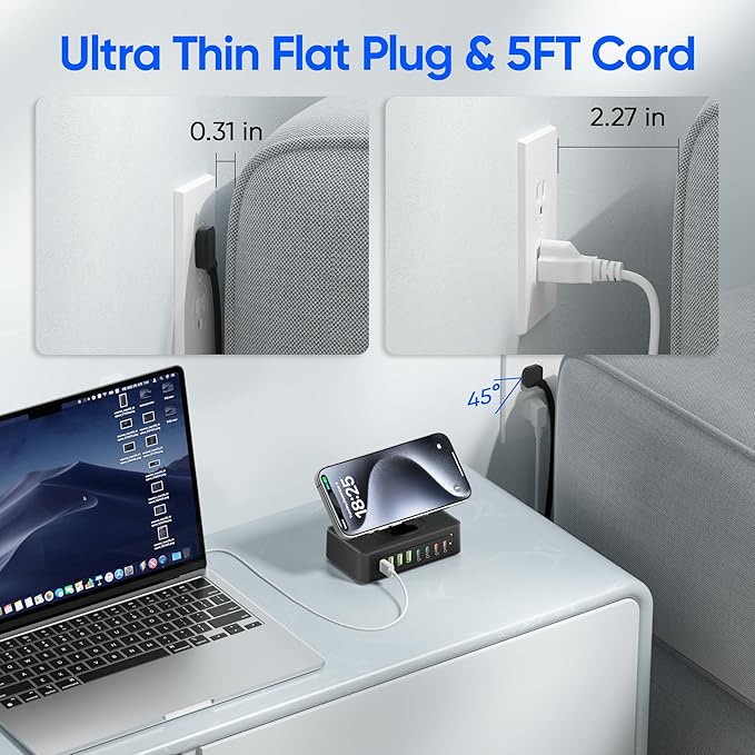 300W USB Charging Station, 11-in-1 USB C Power Strip Surge Protector, 2AC Outlets & 8USB Ports, 5ft Flat Plug Extension Cord with Multiple Devices, Desktop Charger for Home Office Desk Accessories