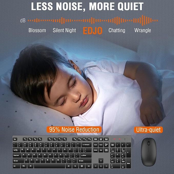 Wireless Keyboard and Mouse Combo, EDJO Silent Full Size Cordless USB Keyboard Mouse, 2.4GHz Lag-Free, Long Battery Life, for Computer, Laptop, PC, Chromebook, Windows (Grey, 1 Pack)