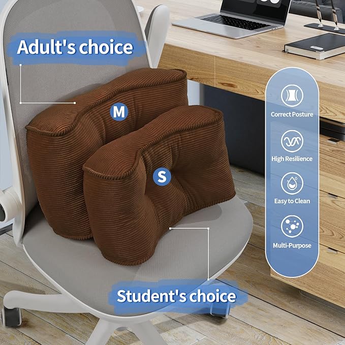 Lumbar Support Pillow for Office Chairs, Bite-Size Natural Latex Foam Back Support Pillow for Lower Back Pain Relief, Soft & Support Corduroy Desk Chair Cushion, M, Brown