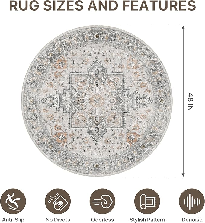 48"x48" Office Chair Mat for Hardwood Tile Floor, Under Desk Carpet Protector for Rolling Computer Chair Mat, Machine Washable Round Area Rug, Anti-Slip 1/5" Thick Low Pile Thin Floor Mat, Taupe