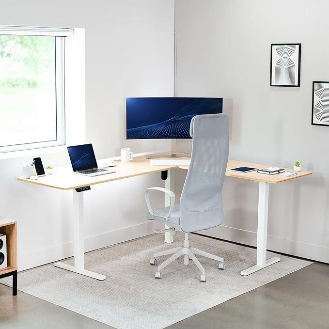VIVO Corner Standing Desk, 75 x 63 inch Reversible L-Shaped Workstation, Electric Height Adjustment, Home, Office, and Reception Rooms, Real Bamboo Table Top White Frame, DESK-E3CTWO-75