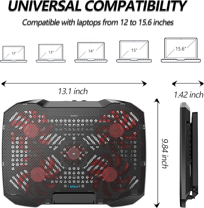 Laptop Cooling Pad for Computer Laptop Cooler for 12-15.6 Inch Notebooks, Laptop Cooling Stand with 5 Quiet Fans, 5 Height Adjustable,2 USB Ports, Phone Stand