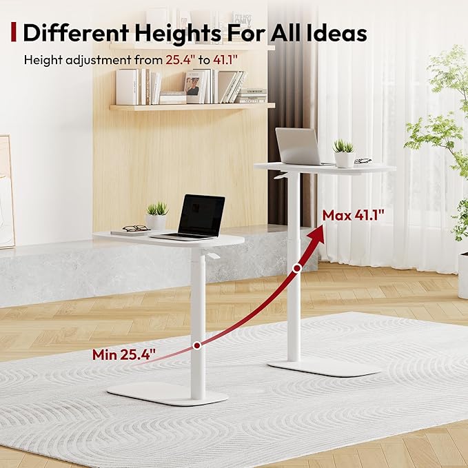 SANODESK Small Standing Desk Pneumatic Height Adjustable Sit Stand Laptop Desk Overbed Table Computer Cart for Home Office Workstations (23.6" W x 13.8" D, White)