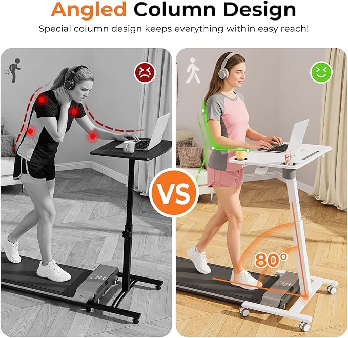 JOY worker Tiltable Treadmill Walking Pad Desk, 31.5" Small Pneumatic Height Adjustable Standing Desk with Cup Holder & Towel Rack, Mobile Bike Trainer/Cycling Stand for Home Office Fitness, White