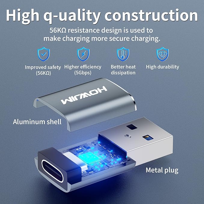 USB to USB C Adapter 4 Pack,HOWJIM USB C Female to USB 3.0 Male OTG Adapter,PD27W/66W Fast Charging 5Gbps Data Transfer for M-acBook,Pad Pro,Phone 17/16/15,G-alaxy,X-peria,A-irpods,Pixel,CarPlay Gray