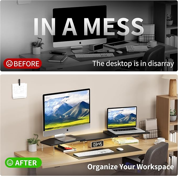 LED Dual Monitor Stand Riser for 2 Monitors,Office Desktop Wooden Stand Adjustable Length and Angle 3 Shelf,Extra Long Multifunctional Stand up to 44.4" for Computer,Laptop,TV,Black