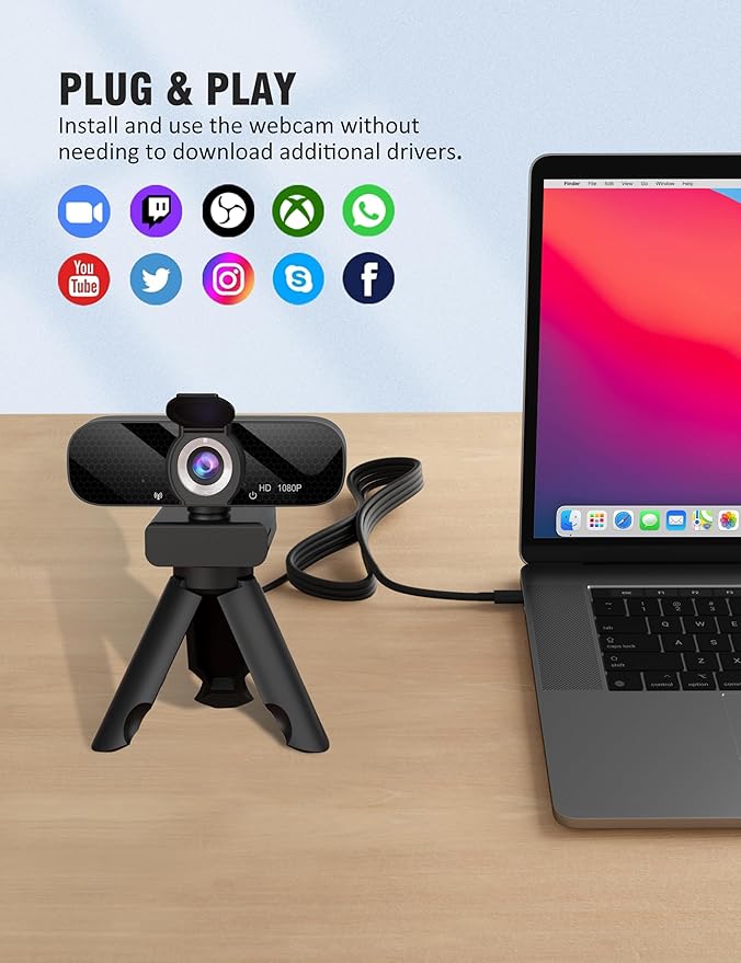 1080P HD Webcam with Built-in Microphone, Rotatable Tripod, Wide-Angle Lens,Privacy Cover, Auto Light Correction, Plug & Play USB-A Webcam for Laptop, Desktop, PC, Streaming-Black