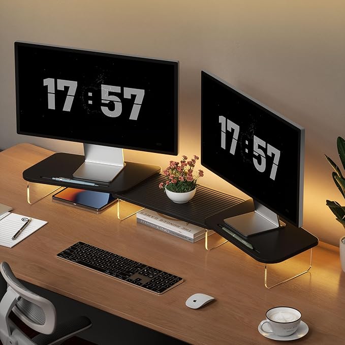 LED Dual Monitor Stand Riser for 2 Monitors,Office Desktop Wooden Stand Adjustable Length and Angle 3 Shelf,Extra Long Multifunctional Stand up to 39.3" for Computer,Laptop,TV,Black