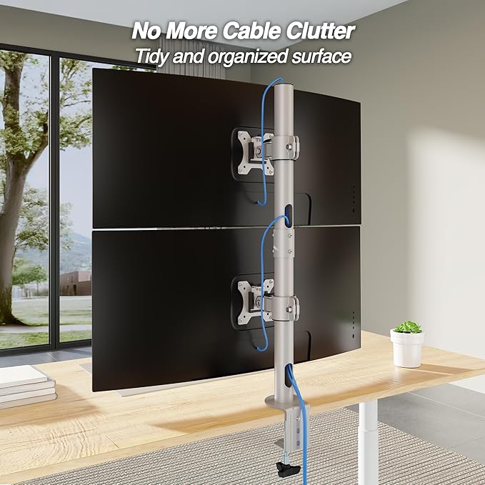 AVLT 38" Vertical Ultrawide Monitor Mount Gray Two Stacked 26.5 lbs Screens on Heavy-Duty Pole Save Workspace with Fine-Tune Height Tilt Swivel Rotate Adjustment C-clamp and Grommet Mounting Stand