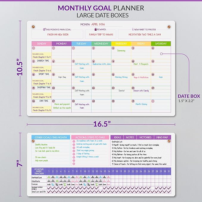 Magnetic Whiteboard for Fridge - Large Dry Erase Calendar for Wall | 2 Magnetic Dry Erase Board 10.5" x 16.5" & 7" x 16.5", Monthly Goal Setting & Habit Tracker, 5 Markers and 6 Adhesive Hooks