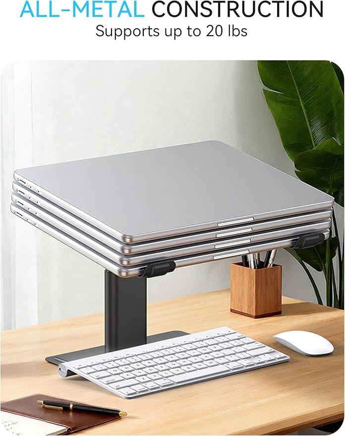 SOUNDANCE Adjustable Laptop Stand, Ergonomic Aluminum Riser for 10-17.3” Notebooks, Ventilated Metal Holder with Height Alignment for Desk Workspace, Black