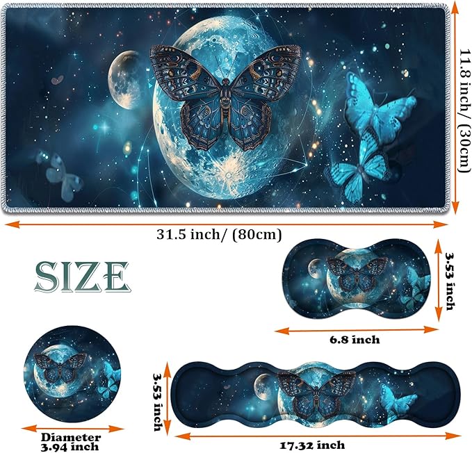 Large Gaming Mouse Pad + Keyboard Wrist Rest + Wrist Support + Coaster Set, Memory Foam Ergonomic for Easy Typing, XXL Extended Gaming Mouse Pad Table Pad - Selenophora Sibirica