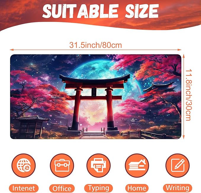 Anime Torii Gate Desk Mat, Cherry Tree and Galactic Sky Large Gaming Mouse Pad, 31.5"x15.7" Extended Big Computer Keyboard Mouse Pad with Non-Slip Base and Stitched Edge