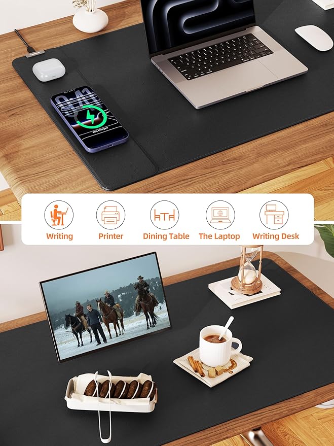 TopMade Mouse Pad with 15W Wireless Charging, XXL Large Leather Desk Mat, Waterproof Gaming Mousepad Home Office Desk Pad Protector, Computer Keyboard Pad, Mouse Mat for MacBook, PC, Laptop, Black