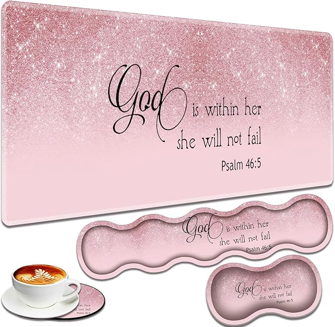 Large Gaming Mouse Pad + Keyboard Wrist Rest + Wrist Support + Coaster Set, Memory Foam Ergonomic for Easy Typing, XXL Extended Gaming Mouse Pad Table Pad - Bible Psalm 46:5