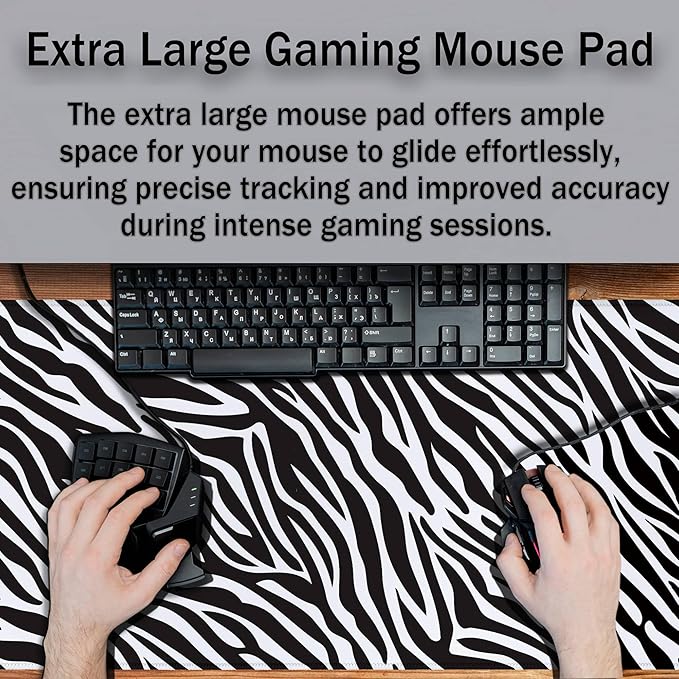 Desk Mouse Pad Black and White, Gaming Pad Big Mouse Pads, Ga Mouse Pad Non-Slip Rubber Base Waterproof with Stitched Edges, 35.4 X 15.7 inch for Work/Game/Office Trendy Zebra Skin Pattern