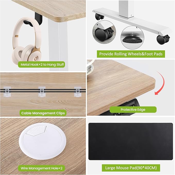 farexon Electric Standing Desk Adjustable Height, 55 x 24 Inch Stand up Desk with Large Mouse Pad, Rolling Wheels & Foot Pad,27''-46'' Lifting Range Home Office Computer Desk(Oak Gray)