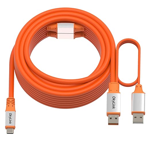 OkyLink 50ft (15M) USB 3.2 Gen 2 Type A to Type C Male to Male Cable - 10Gbps Long Range with External Power, Orange
