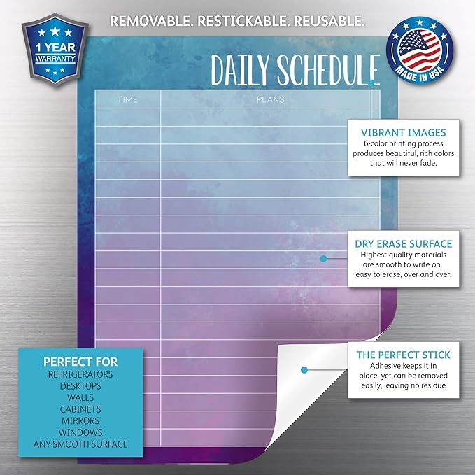 Dry Erase Daily Schedule Planner Sticker Decal by Glassboard Studio | Removable & Reusable | Magnetic Fine-Tip Marker Included (9 x 12 inches, Watercolor)