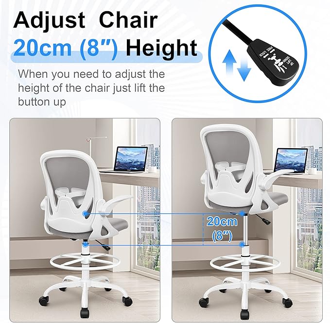 Ergonomic Drafting Chair with Flip-Up Armrests & Adjustable Footrest – Tall Office Chair for Standing Desks, Lumbar Support, Gray – Home & Office Comfort