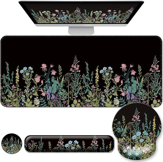 Desk Mat Set + Keyboard and Mouse Pad with Wrist Rest Support,4-in-1 Large Mousepad Computer Mats for Desktop Home & Office-Flowers Garden