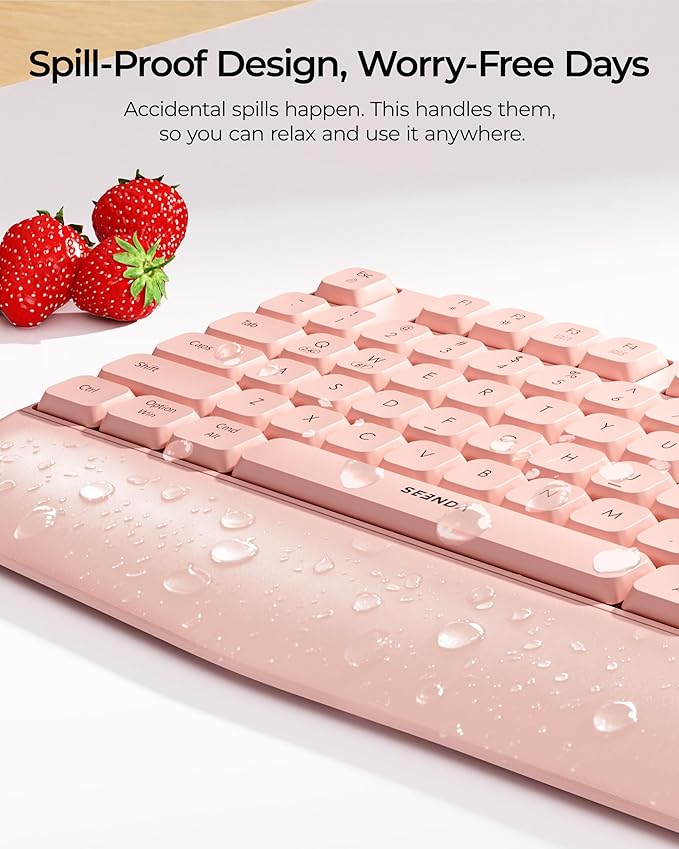 seenda Bluetooth Wireless Keyboard, Wireless Ergonomic Keyboard with Wrist Rest, Multi-Device Bluetooth Keyboard with Number Pad, Full-Size Keyboard for Computer/Laptop/Mac/MacBook, Pink