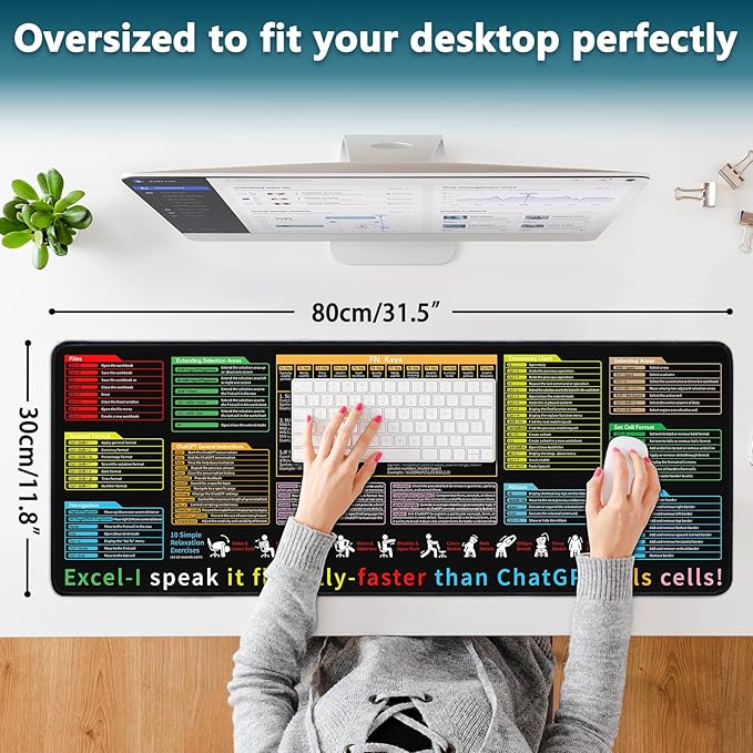 Excel Cheat Sheet Desk Pad - Large Mouse Pad - Excel Cheat Sheet Desk Mat, Non-Slip Base Mousepad Suitable for Office, Computer Games, Desk Mat and More (1, 31.5" x 11.8")