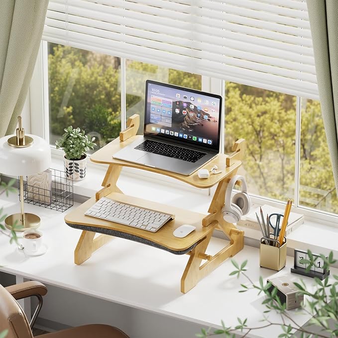 Amazer Standing Desk Converter, 22 inch Bamboo Small Sit Stand Up Desk Riser with Lap Desk Computer Desktop Desk Converter for Monitor and Laptop with Keyboard Tray
