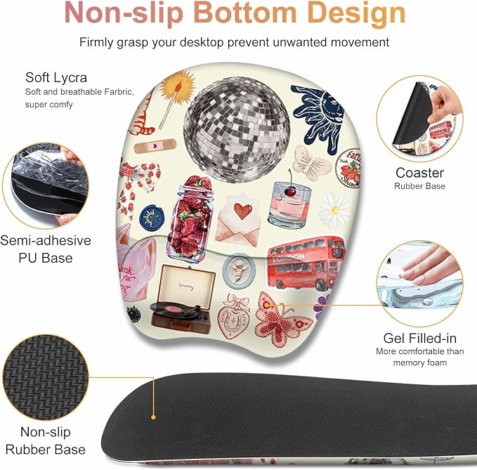 Beige Mouse Pad with Wrist Support 4 in1 Set, XXL Big Game Mousepad + Keyboard Wrist Rest + Mouse Wrist Rest Pad +Coaster Gaming Mat for Home Office Work Computer I Cute Design Stickers