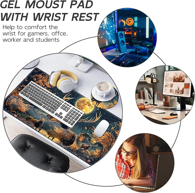 Gaming Mouse Pad Set, Moon Forest Elk Large Desk Mat Mousepad, Keyboard Wrist Support, Mouse Wrist Rest, Coaster 4in1 Ergonomic Memory Foam, Non-Slip Stitched Edge for Home Office