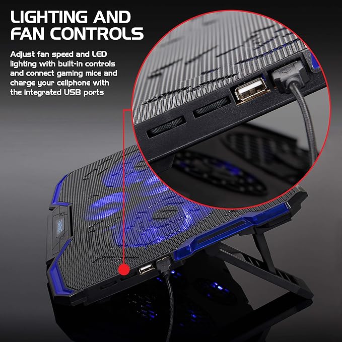 Enhance Cryogen Gaming Laptop Cooling Pad - Fits up to 17 inch Computer - Adjustable Laptop Cooling Stand with 5 Ultra Quiet Cooler Fans, 2 USB Ports and LED Lighting - Slim Portable Design 2500 RPM