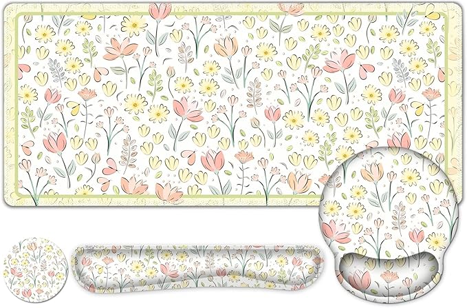 Desk Mat, 4in1 Large Mouse Pad with Wrist Rest, Cute Desk Mat, Anti-Slip XXL Computer Ergonomic Mousepad with Wrist Support for Keyboard and Mouse, Nice Yellow Flowers