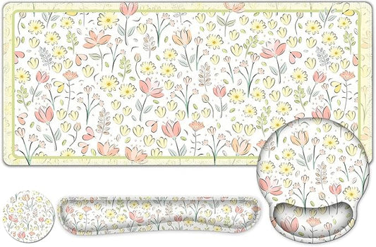Desk Mat, 4in1 Large Mouse Pad with Wrist Rest, Cute Desk Mat, Anti-Slip XXL Computer Ergonomic Mousepad with Wrist Support for Keyboard and Mouse, Nice Yellow Flowers