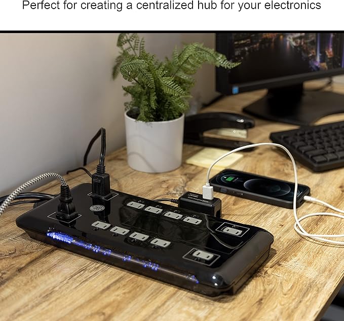 GE UltraPro 12 Outlet Surge Protector, Tethered 2 USB Ports, 8 Ft Power Cord, 4320 Joules, Flat Plug, Power Filter, Circuit Breaker, Warranty, UL Listed, Black, 11824