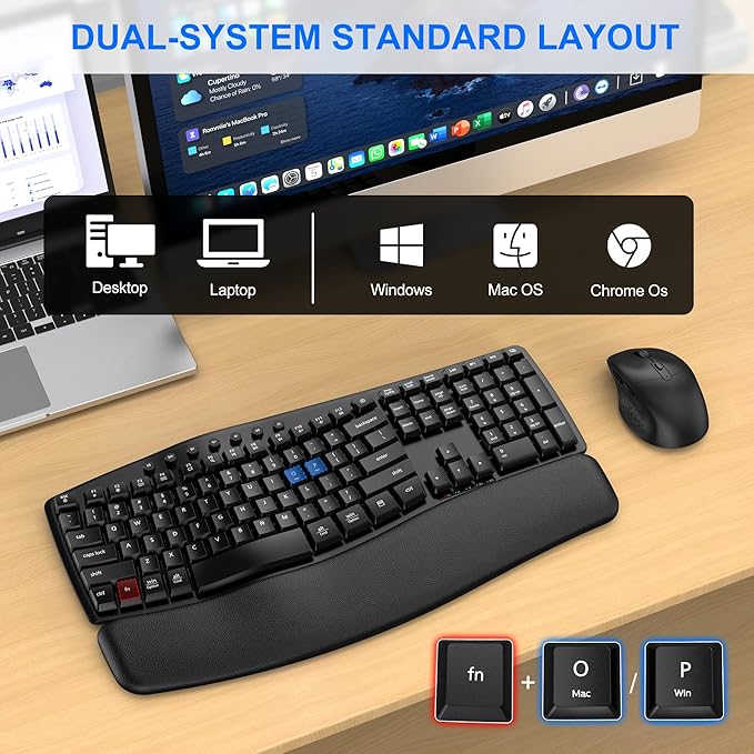 Ergonomic Wireless Keyboard Mouse Combo, EDJO Bluetooth/2.4G Dual-Mode Connection, Soft Foam Wrist Rest, Silent Typing, Waves Key Design and 3-Level DPI Adjustable Wireless Mouse for Windows, Mac OS