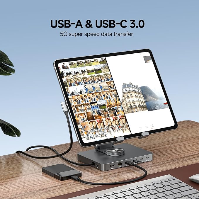iPad Pro USB C Hub Stand,10 in 1 Rotatable Multiport Adapter for iPad M4 M3 M2 Inch Docking Station 4K 60Hz HDMI, PD, SD/TF Card Reader, USB 3.0, 3.5mm Audio, iPad Accessories for Home Office