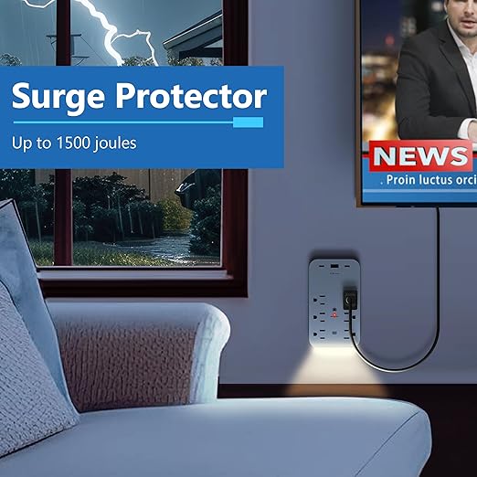 LIDER 6-Outlet Surge Expander with USB Type A/C and Guide Light, Surge Protector Up to 1500J, Guide Light with LED Indicator, Outlet Extender, Flat Outlet Splitter, UL-Listed, 2 Pack