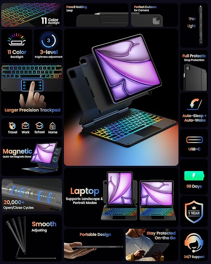 typecase Edge+ Keyboard Case for iPad Air 13"(M4/M3/M2, 2026/2025/2024) & iPad Pro 12.9"(3/4/5/6th Gen), Ultra-Slim Detachable Case, Portrait & Typing Modes, 11-Color Backlight, Magnetic Stand, Black