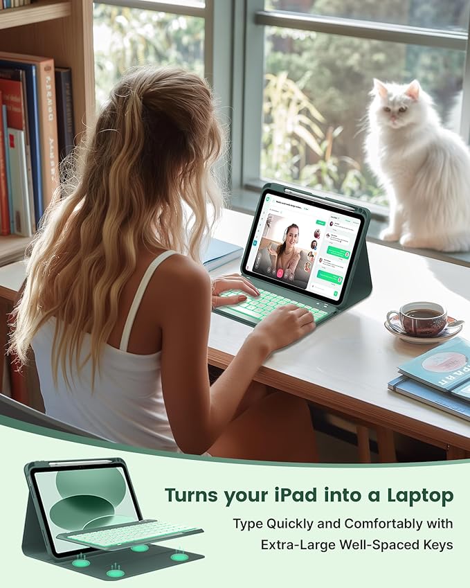 typecase Folio Keyboard Case for iPad 10th Gen 10.9 inch (2022) and iPad 11th (A16, 2025), Magnetic Wireless Detachable Keyboard, 7-Color Backlight, Thin & Light, Pencil Holder – Midnight Green