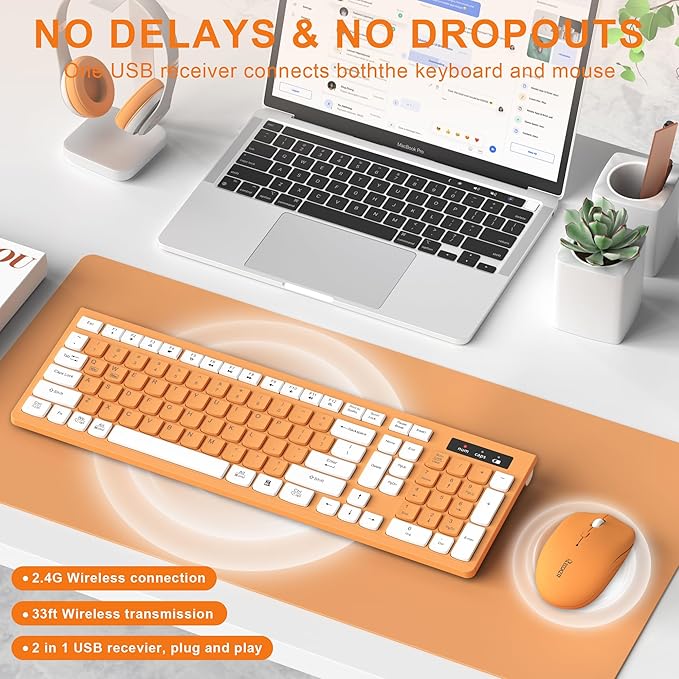 Wireless Keyboard and Mouse Combo, Reccazr 2.4G Full-Sized Keyboard and Mouse Cordless, 3 DPI Adjustable Mouse, Dual-System Keyboard for Computer/Laptop/Windows/Mac (Orange-A)