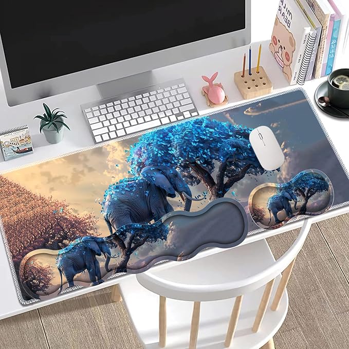 Large Gaming Mouse Pad + Keyboard Wrist Rest + Wrist Support + Coaster Set, Memory Foam Ergonomic for Easy Typing, XXL Extended Gaming Mouse Pad Table Pad - Blue Leaves and Elephants