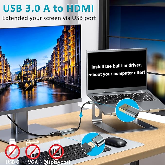 Herfair USB to HDMI Adapter [1080P Full HD, Built-in Driver] HDMI Adapter for Laptop to Monitor USB 3.0 to TV Screen Converter for MacOS/Windows 11/10/8.1/8/7 Computers Desktops PC MacBook