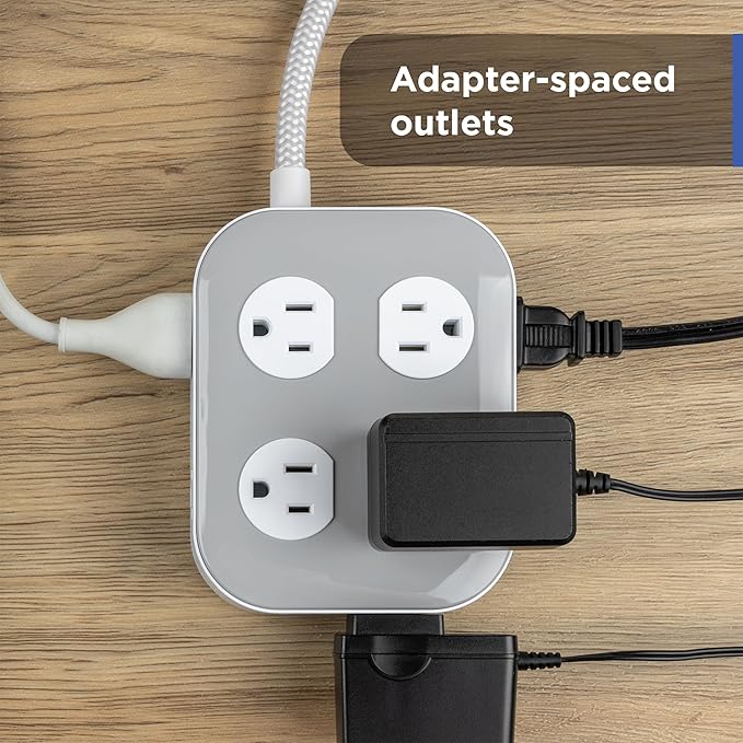 GE UltraPro 10-Outlet Surge Protector, 2100 Joules, 4ft Braided Extension Cord, Flat Plug, Power Strip with Wide-Spaced Outlets, Gray/White, 84860