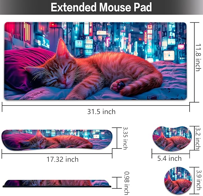 Large Mouse pad and Keyboard Support Set, Ergonomic Memory Foam Keyboard Wrist Rest, Extended Gaming Mouse Pad with Stitched Edges, Sleeping Cat XXL Desk Mat (31.5 X 11.8 in)